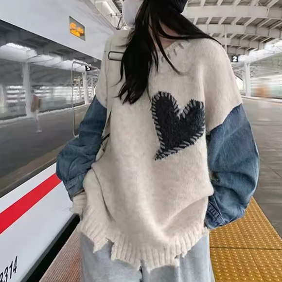 Sweaters - Heart Patchwork knit denim knit Sweater - Cream and Blue